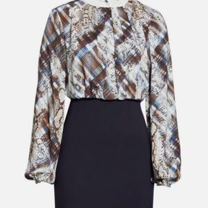 Ted Baker Printed Blouson Top in Brown, Blue and Cream